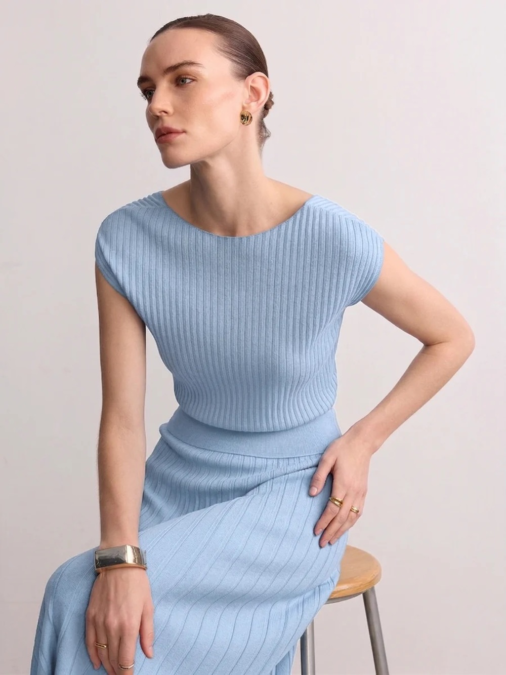Commense Cap Sleeve Ribbed Knit Top